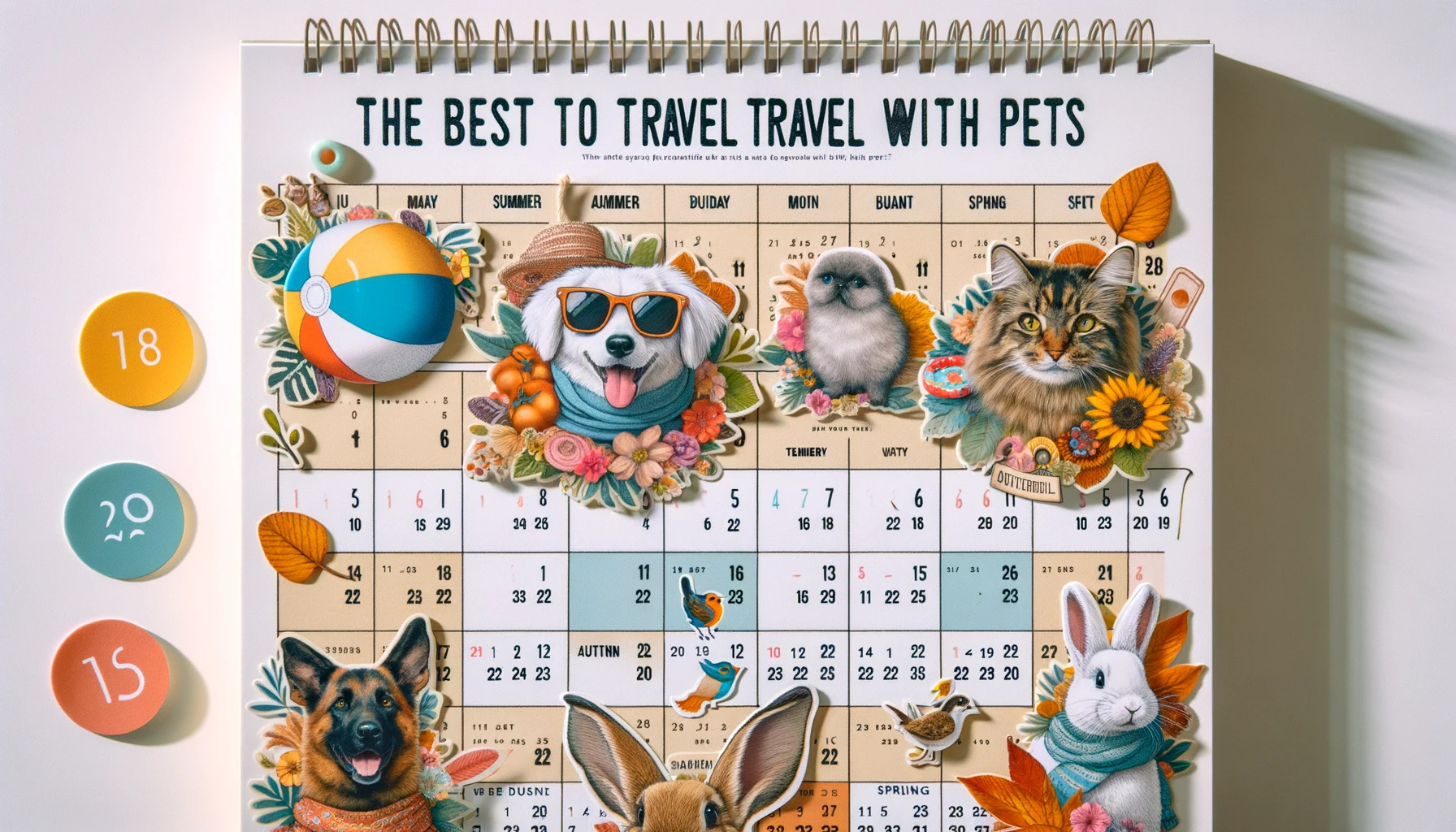 Calendar showcasing various pets in seasonal attire, such as a dog with sunglasses in summer and a cat with autumn flowers.