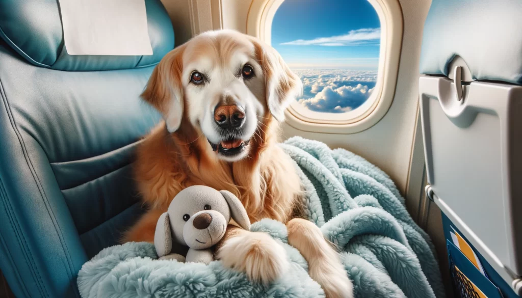 Elderly Golden Retriever enjoying air travel with comfort accessories