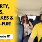 Pet owner and pet enjoying a warm heart conversation in Chauf-fur Pet Taxi on the first Chauf-fur podcast episode