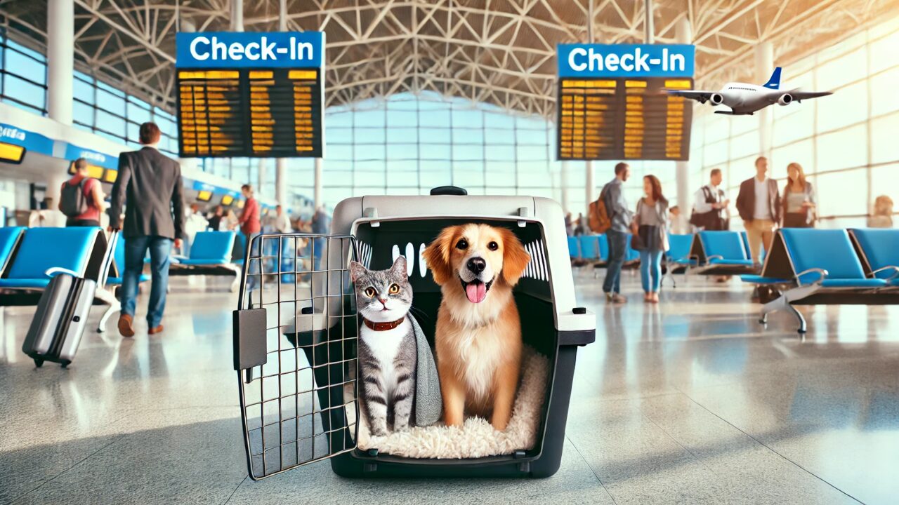 Happy pets traveling in airline-approved crates at an airport