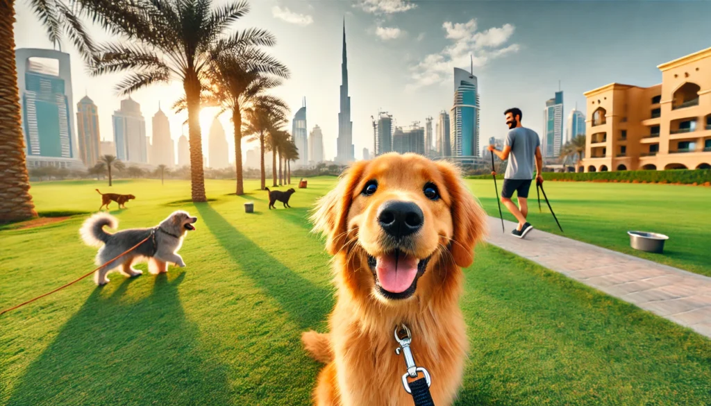 Dog and owner enjoying a dog-friendly park in Dubai with the city skyline in the background