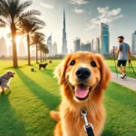 Dog and owner enjoying a dog-friendly park in Dubai with the city skyline in the background