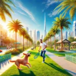 Dog with owner enjoying a pet-friendly park in Dubai, UAE with palm trees and city skyline in the background.