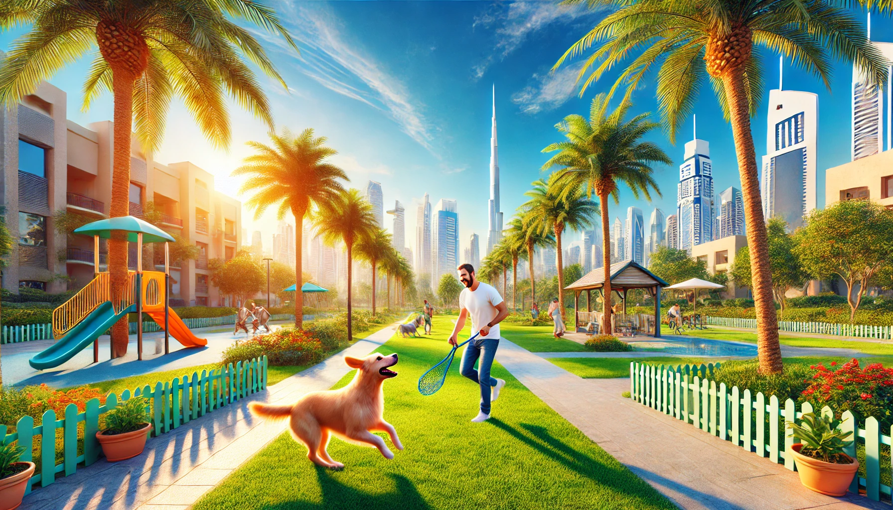 Dog with owner enjoying a pet-friendly park in Dubai, UAE with palm trees and city skyline in the background.