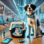 Dog wearing a GPS tracker and a cat in a travel crate at an airport, emphasizing pet travel monitoring technology
