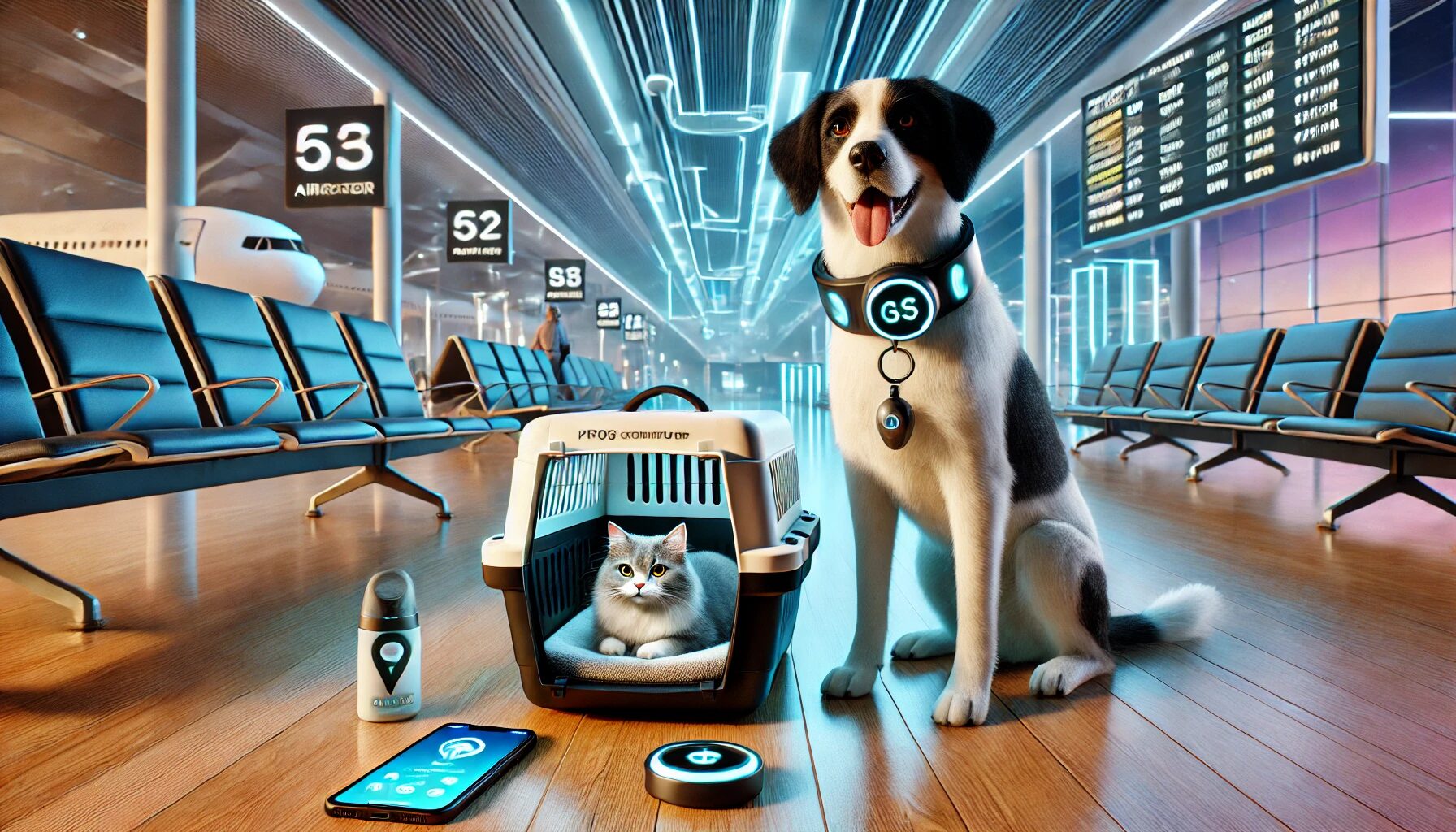 Dog wearing a GPS tracker and a cat in a travel crate at an airport, emphasizing pet travel monitoring technology