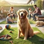 Golden retriever sitting happily in a backyard, surrounded by toys, with a caring family nearby