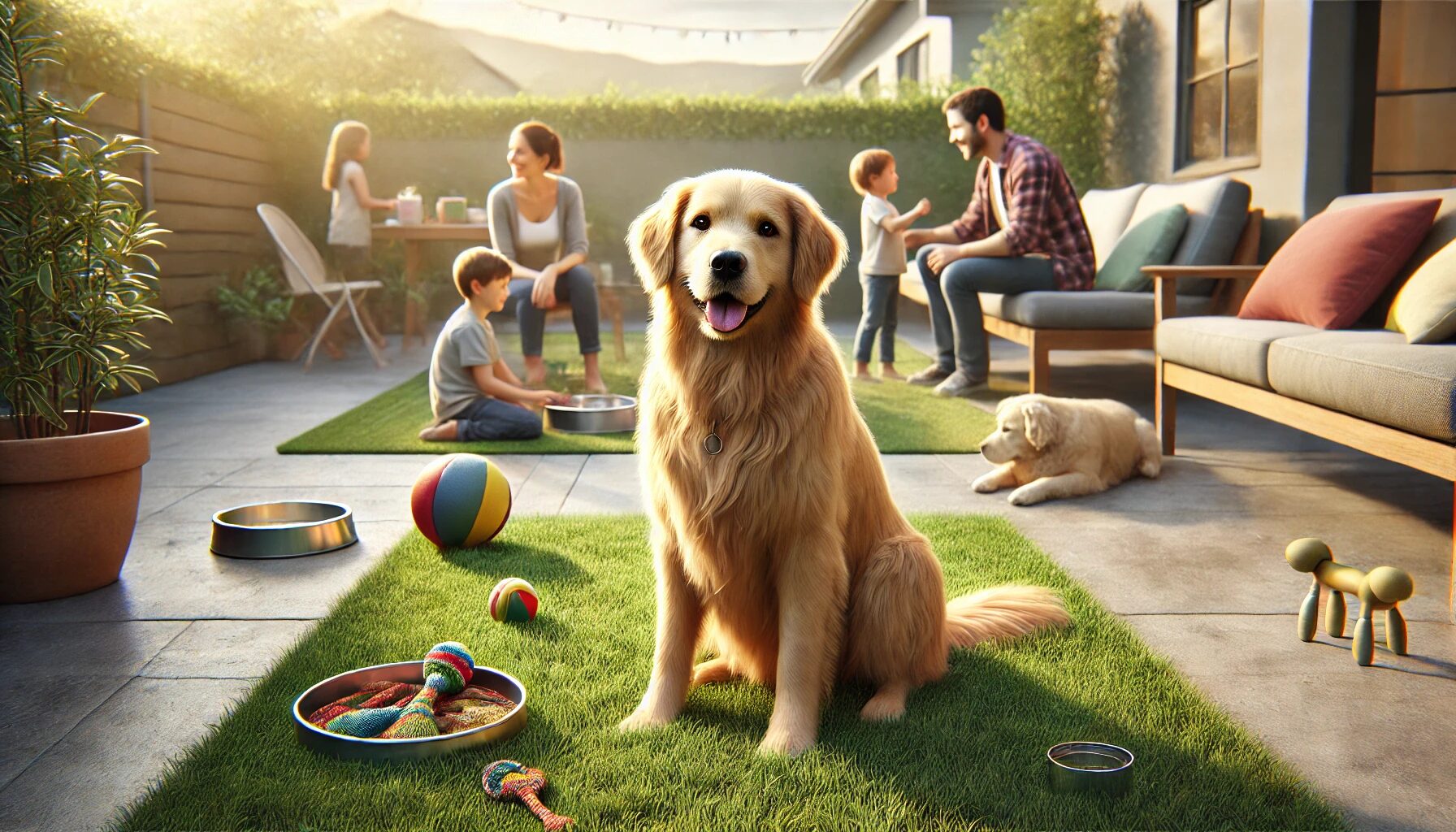 Golden retriever sitting happily in a backyard, surrounded by toys, with a caring family nearby